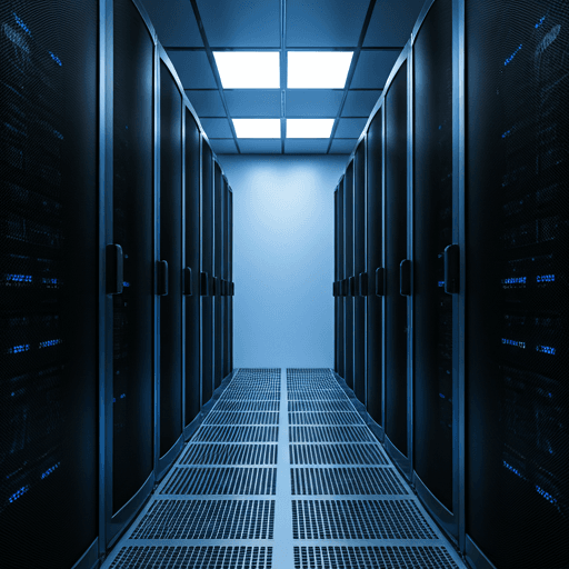 Modern server room with glowing blue LED lights on racks, symmetrical perspective, clean high-tech architectural datacenter environment