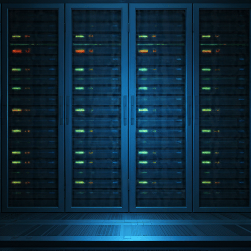 Futuristic data center interior with glowing server racks